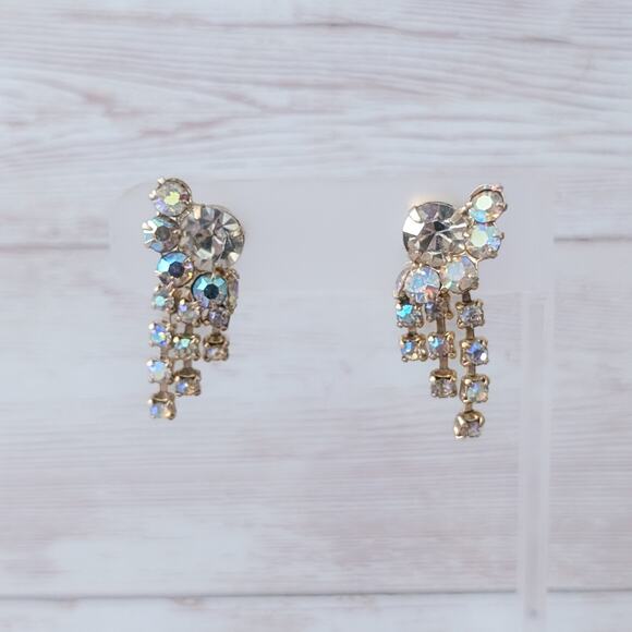 Vintage Clip On Earrings Stylish Statement Iridescent Dangle - Picture 1 of 5
